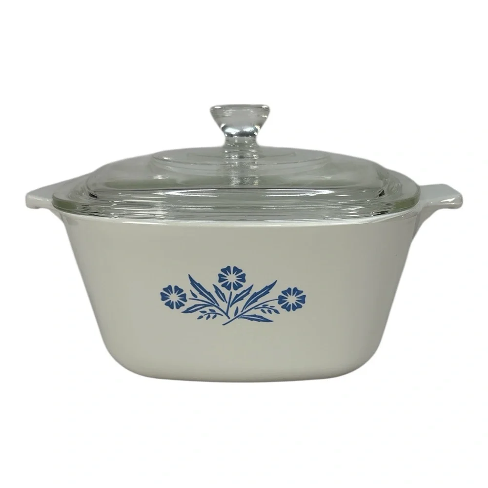 Vtg Corning Ware Blue Cornflower P-1 3/4-B 1.75 QT Square Casserole w/ 2 Lids
